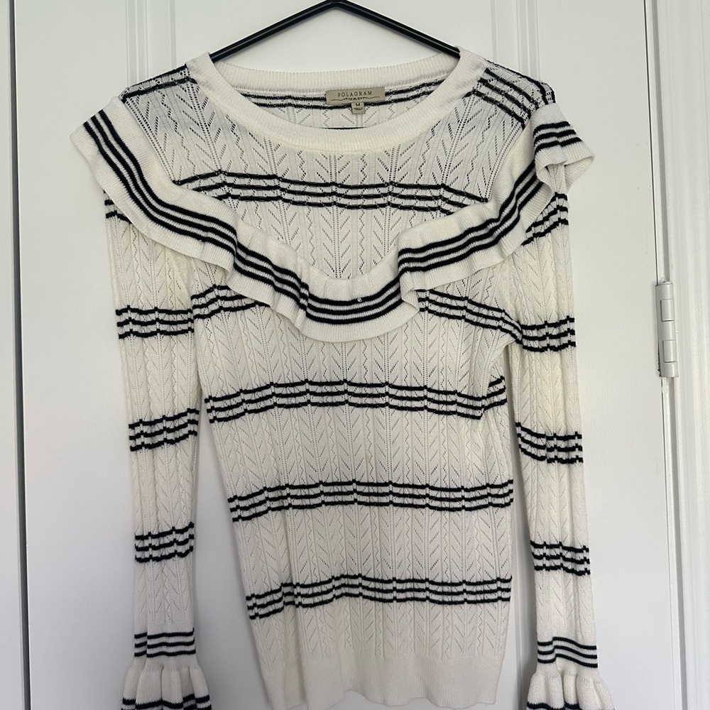Polagram Women's White and Black Ruffle Sweater